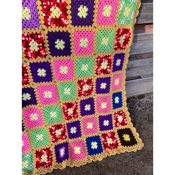 Vintage Colorful Granny Square Crochet Afghan 75x56" - Picture 11 of 16